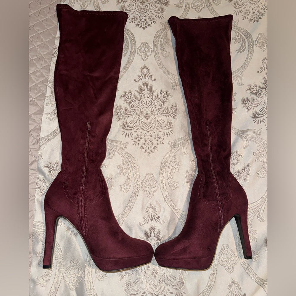 Women’s 8.5 Thigh High Over The Knee Platform Stiletto Heel, Wine Red Color